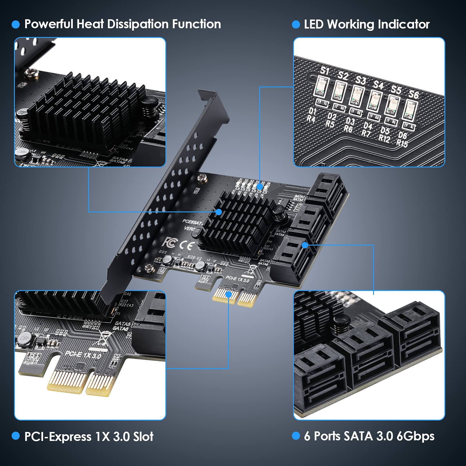 Beyimei Pcie Sata Card 6 Ports, 6 Gbps Sata 3.0 Pcie Card,Pcie To Sata Controller Expansion Card, Sata 3.0 Non Raid,With 6 Sata